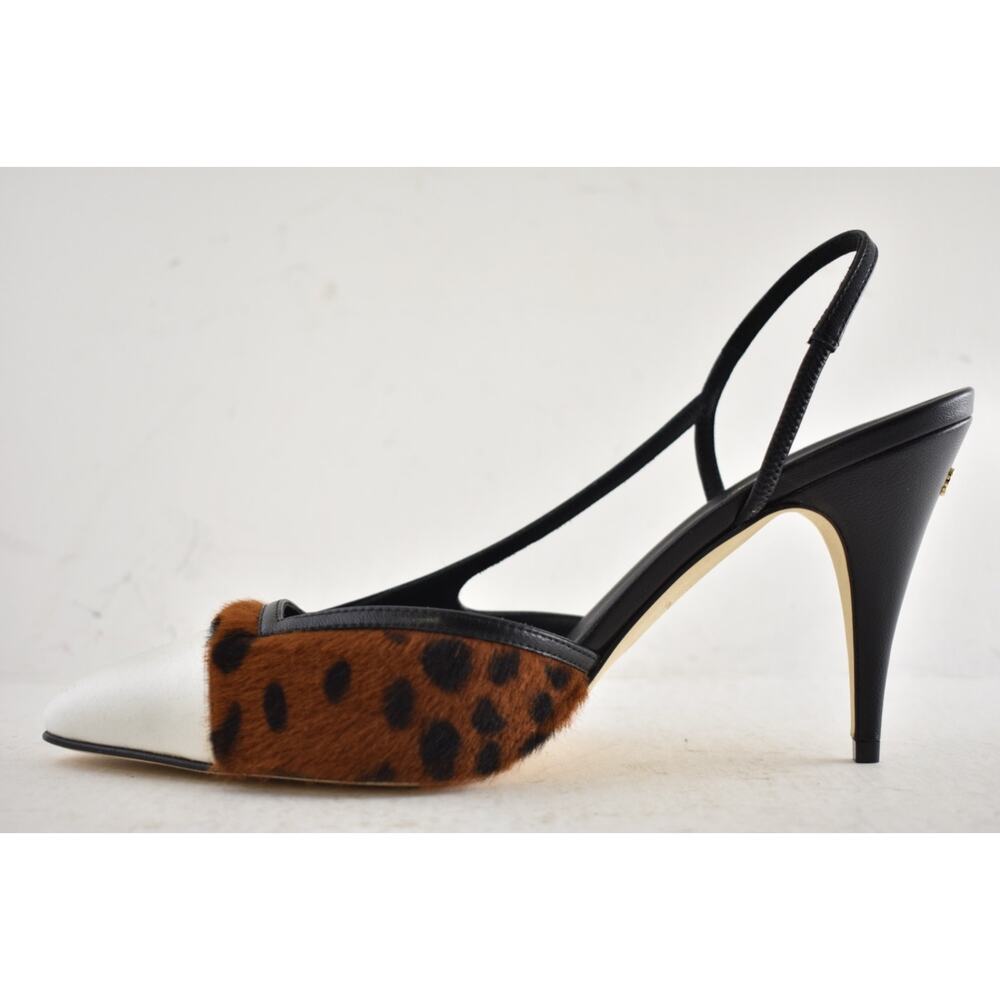Chanel 26A Brown Leopard Black White Sling CC Gold Logo Slingback Heel Pump 37.5 - Picture 16 of 16